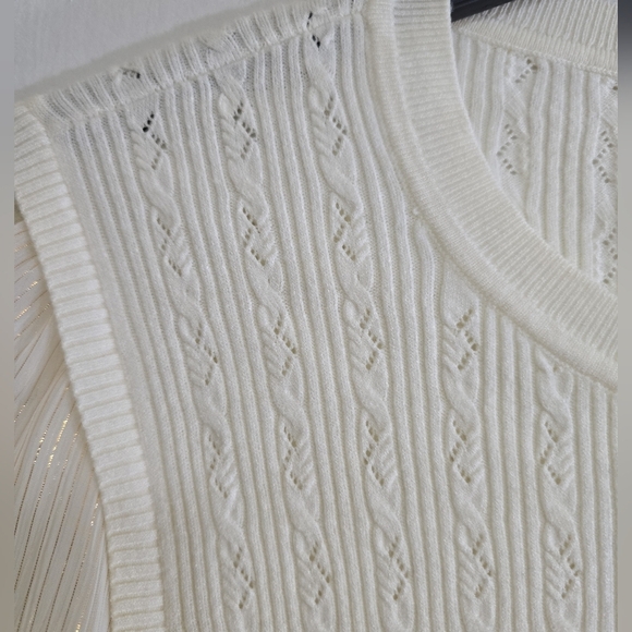 Talbots Lightweight Cream Cable Knit Sweater Sheer Metallic Striped Sleeves XL - Picture 6 of 8